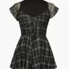 Square Neck Short Flutter Sleeve Checkered Vintage Playsuit>MICAS New