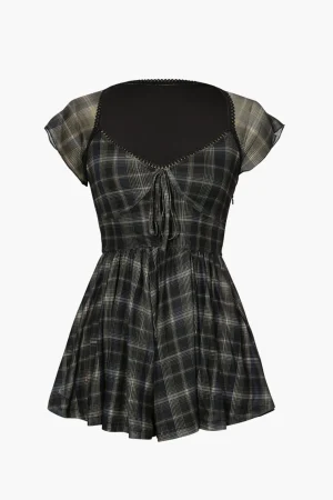 Square Neck Short Flutter Sleeve Checkered Vintage Playsuit>MICAS New