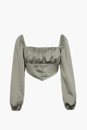 Square Neck V-hem Satin Long Sleeve Top>MICAS New