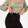 Square Neck V-hem Satin Long Sleeve Top>MICAS New
