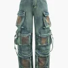 Stained Multi Flap Pocket Straight Leg Cargo Jeans>MICAS Sale
