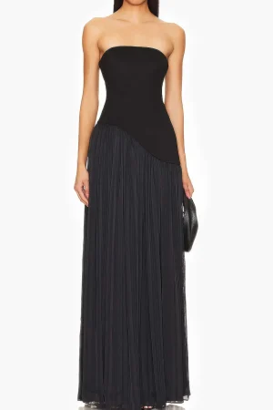 Strapless Patchwork Zipper Pleated Maxi Dress>MICAS Sale