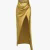 Strapless Ruched Mesh Velvet Maxi Dress>MICAS Fashion