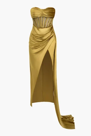 Strapless Ruched Mesh Velvet Maxi Dress>MICAS Fashion