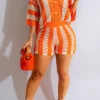 Stripe Knit Hollow Out Shorts Set>MICAS New