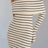 Stripe Print Knit Wrap Off Shoulder Dress>MICAS Fashion
