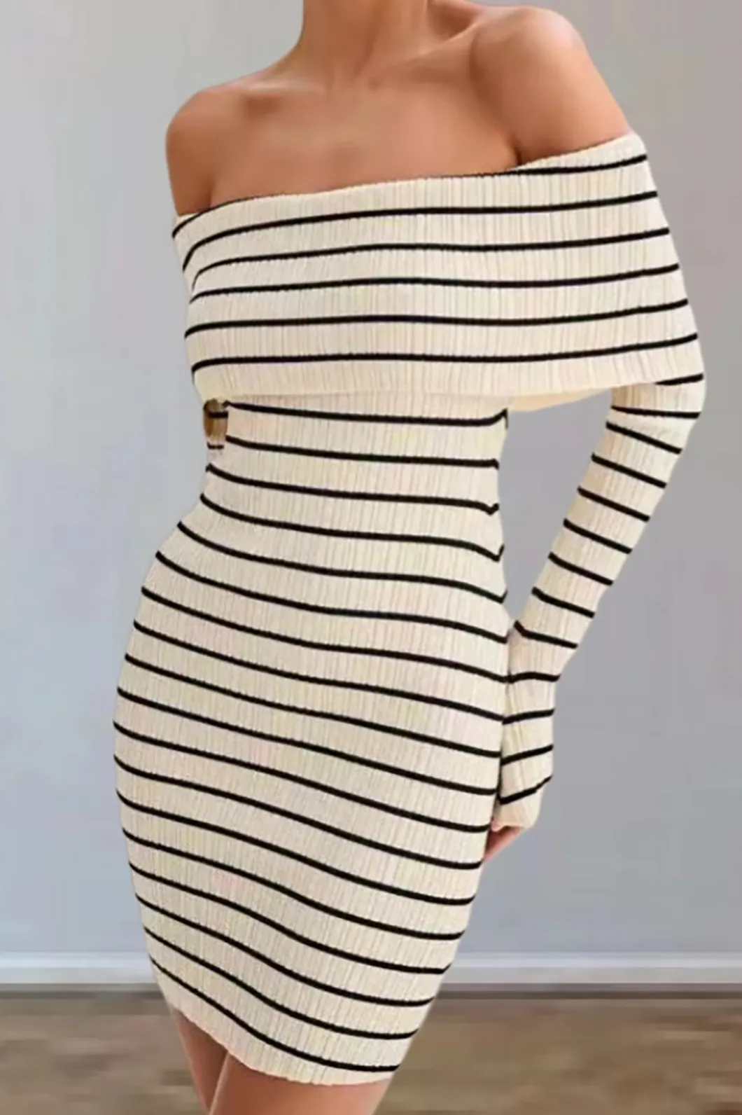 Stripe Print Knit Wrap Off Shoulder Dress>MICAS Fashion