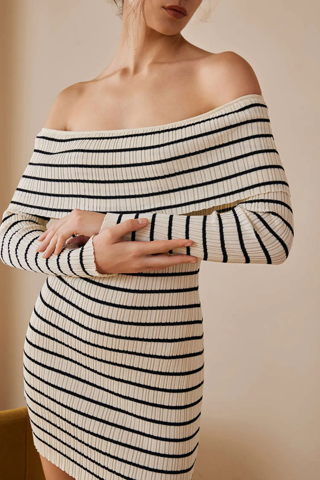 Stripe Print Knit Wrap Off Shoulder Dress>MICAS Fashion