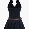 Stripe Print Pleated Belted Mini Dress>MICAS Clearance