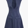 Stripe Print Pocket V-neck Mini Dress>MICAS Hot