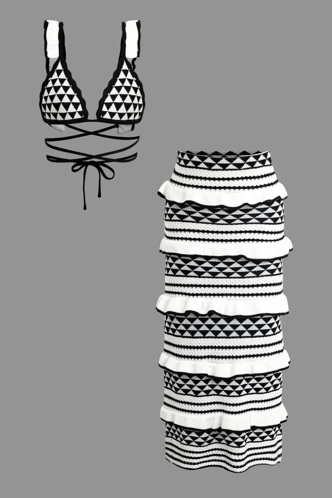 Stripe Tie Bra Top And Tiered Ruffle Knit Midi Skirt Set>MICAS Online