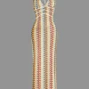 Striped Crochet Halter V-neck Backless Slip Maxi Dress>MICAS Fashion