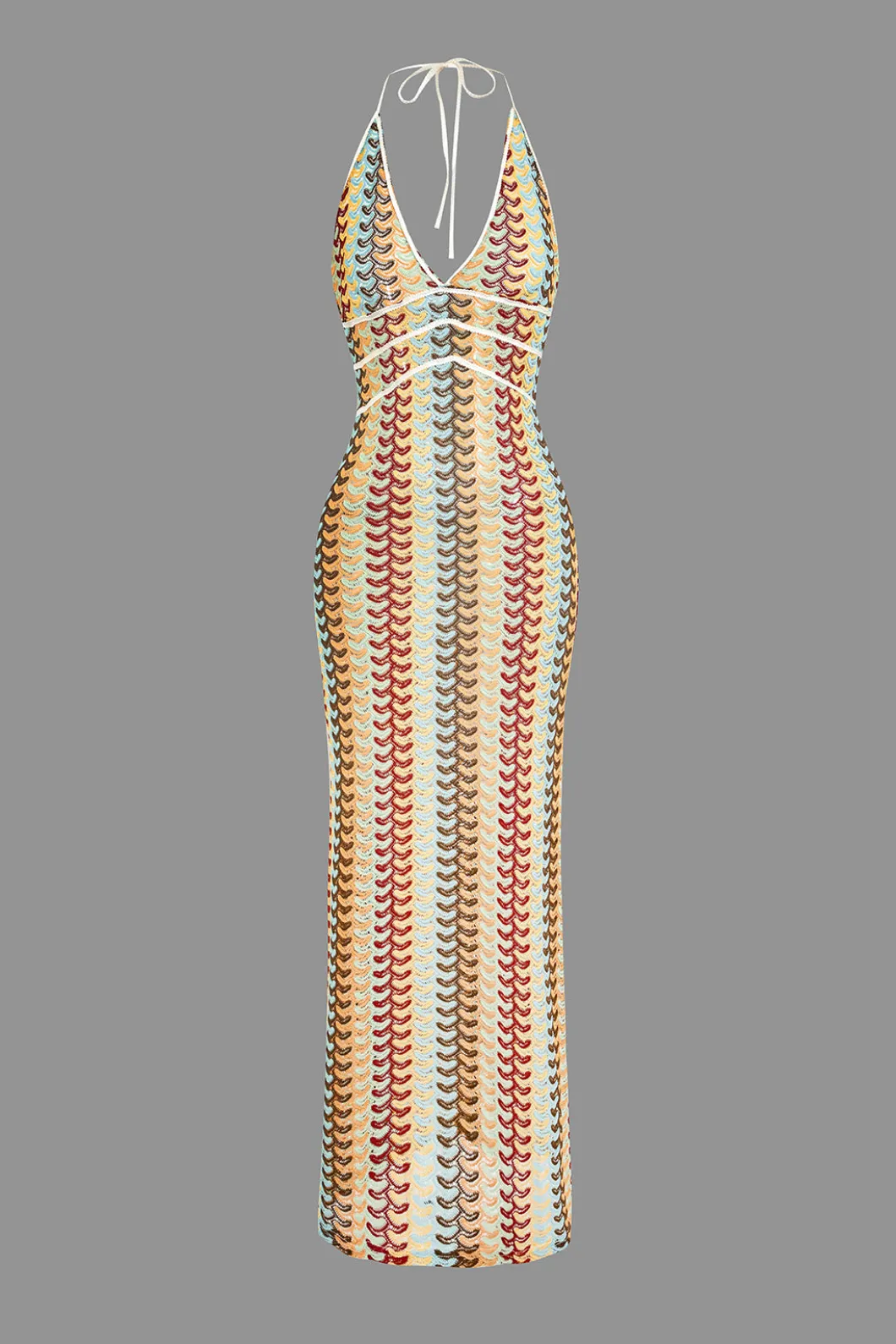Striped Crochet Halter V-neck Backless Slip Maxi Dress>MICAS Fashion