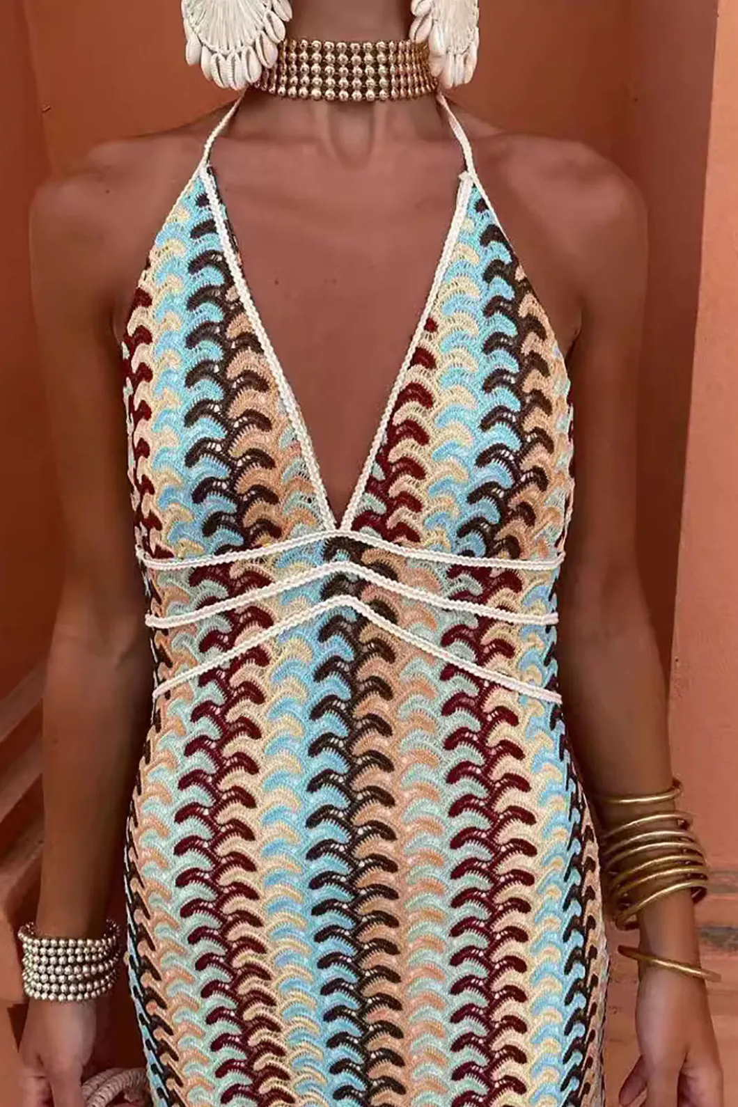 Striped Crochet Halter V-neck Backless Slip Maxi Dress>MICAS Fashion