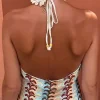 Striped Crochet Halter V-neck Backless Slip Maxi Dress>MICAS Fashion