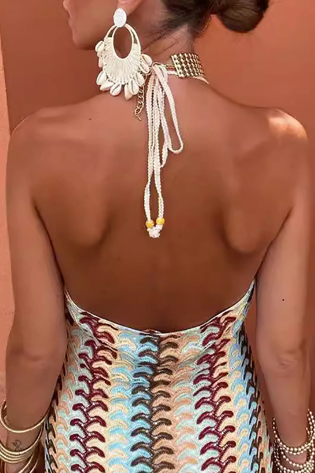 Striped Crochet Halter V-neck Backless Slip Maxi Dress>MICAS Fashion