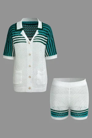 Striped Crochet Knit Cardigan and Shorts Set>MICAS Best