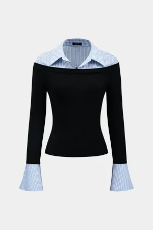 Stripes Print Patchwork Long-Sleeve Top>MICAS New