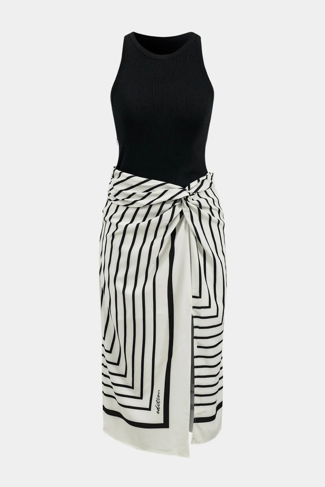 Stripes Print Patchwork Sleeveless Midi Dress>MICAS New