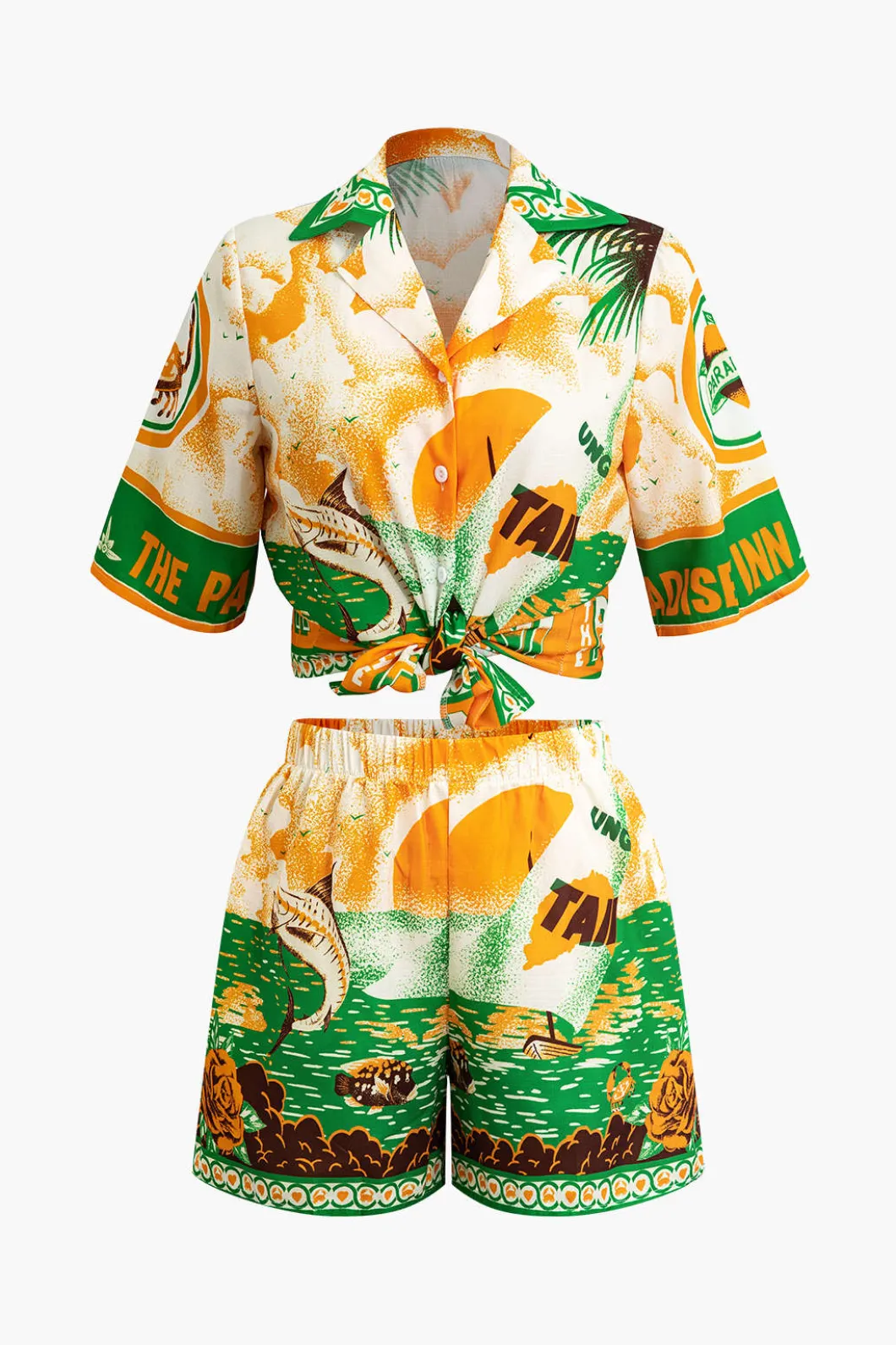Summer Beach Print Tie-Front Shirt And Shorts Set>MICAS Clearance
