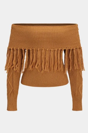 Sweater Fringe Off-Shoulder Top>MICAS Sale