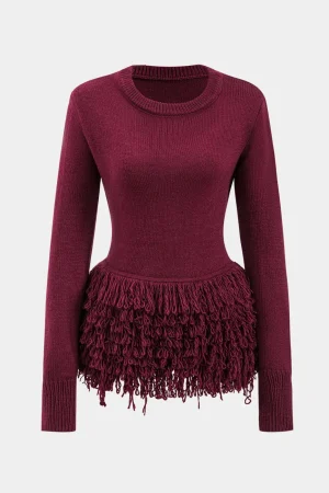 Sweater Fringe Round Neck Long-Sleeve Top>MICAS Clearance