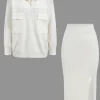 Sweater Pocket Zipper Top And Slit Skirt Set>MICAS Fashion