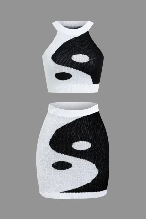 Tai Chi Print Contrast Crop Knit Top And Mini Skirt Set>MICAS Best