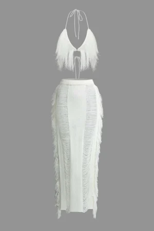 Tassel Tie Halter Knit Bra Top And Distressed Ladder Maxi Skirt Set>MICAS Best