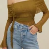 Texture Off Shoulder Asymmetrical Tie Mesh Top>MICAS Best