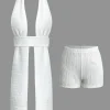 Textured Backless Halter V-Neck Shorts Set>MICAS Fashion
