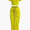 Textured Crop Top And Drawstring Ruched Skirt Set>MICAS Best