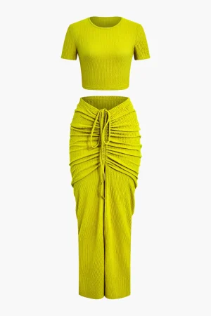 Textured Crop Top And Drawstring Ruched Skirt Set>MICAS Best