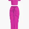 Textured Crop Top And Drawstring Ruched Skirt Set>MICAS Best
