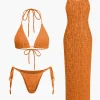Textured Halter Neck Bikini And Open Knit Cover Up Set>MICAS Clearance