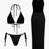 Textured Halter Neck Bikini And Open Knit Cover Up Set>MICAS Clearance