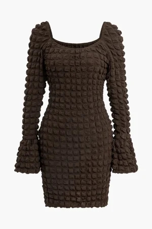 Textured Long Sleeve Bell Sleeves Mini Dress>MICAS Fashion