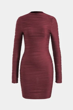 Textured Mock Neck Long Sleeve Mini Dress>MICAS Clearance