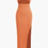 Textured Ruched Cut Out Strapless Slit Maxi Dress>MICAS Hot