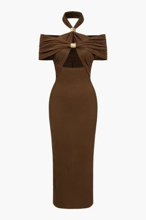 Textured Ruched Slit Midi Dress>MICAS Online