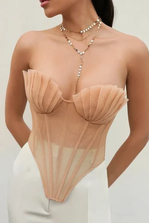 Tie Back Sheer Mesh Corset Strapless Top>MICAS Clearance