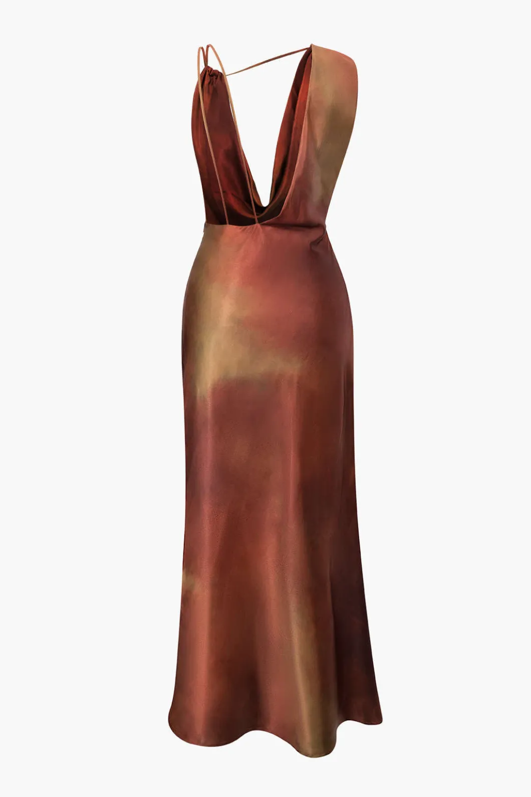 Tie Dye Asymmetric Cowl Neck Satin Maxi Dress>MICAS Sale