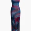 Tie Dye Backless Slit Slip Midi Dress>MICAS New