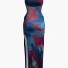 Tie Dye Backless Slit Slip Midi Dress>MICAS New