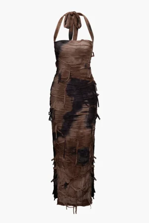 Tie Dye Distressed Mesh Slit Halter Maxi Dress>MICAS Hot