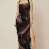 Tie Dye Distressed Mesh Slit Halter Maxi Dress>MICAS Hot