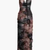 Tie Dye Distressed Mesh Slit Halter Cowl Neck Maxi Dress>MICAS Best
