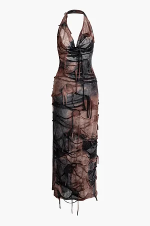 Tie Dye Distressed Mesh Slit Halter Cowl Neck Maxi Dress>MICAS Best