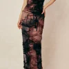 Tie Dye Distressed Mesh Slit Halter Cowl Neck Maxi Dress>MICAS Best
