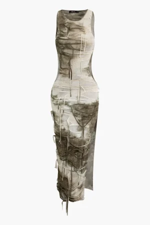 Tie Dye Distressed Sleeveless Cut Out Slit Maxi Dress>MICAS Sale